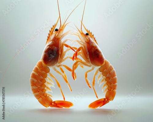 A lively scene of dancing shrimp in realistic HD, showcasing vibrant colors and dynamic poses against a clean, uncluttered background photo