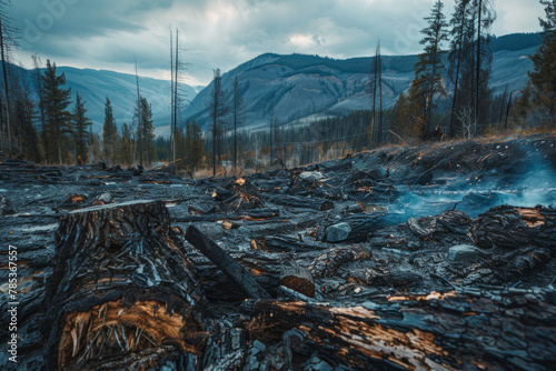 A forest fire has burned down a large area of trees. The sky is cloudy and the mountains in the background are covered in smoke