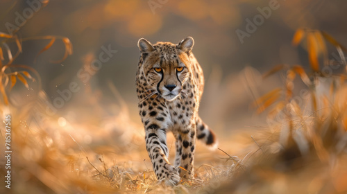 A cheetah is walking through a field of tall grass. The cheetah is the main focus of the image, and it is in a relaxed and confident mood