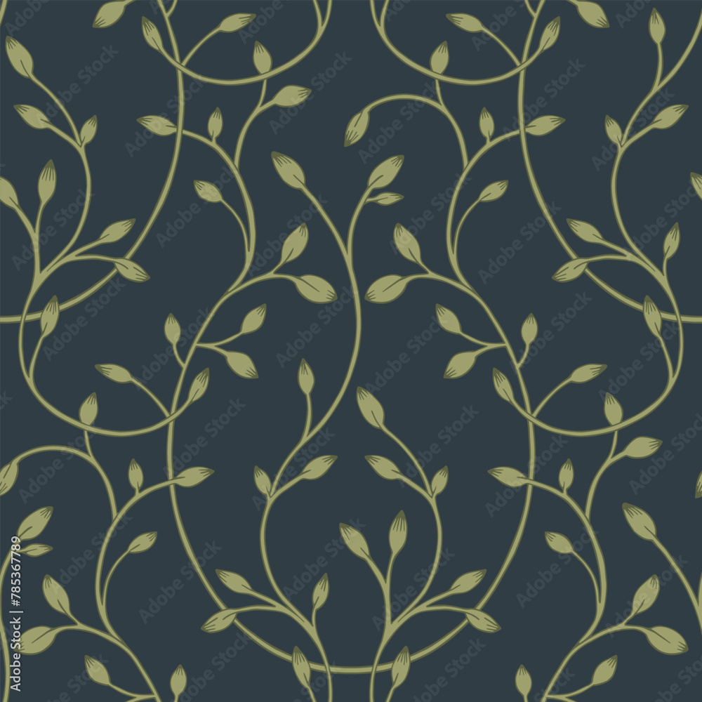 Seamless ornamental pattern. Hand-drawn leaves. Floral green weave.