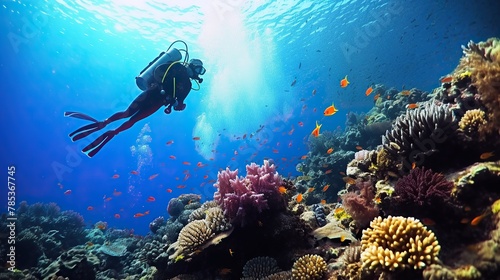 A scuba diver is checking a healthy coral reef in a tropical sea © Fajar