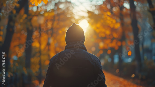 A man is walking in a forest with a hat on. The sun is shining brightly, casting a warm glow on the trees and the man. The scene is peaceful and serene, with the man enjoying the beauty of nature photo