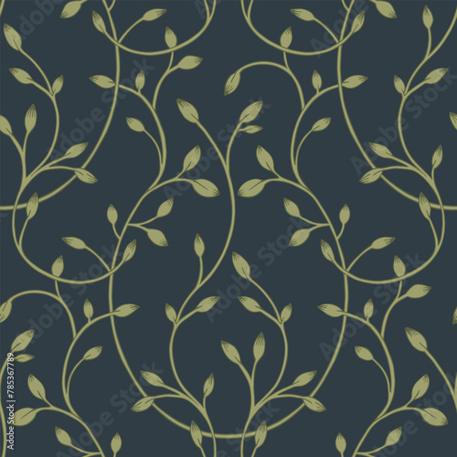 Seamless ornamental pattern. Hand-drawn leaves. Floral green weave.