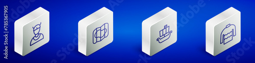Set Isometric line Viking head, Map of Iceland, ship Drakkar and Sweater icon. Vector