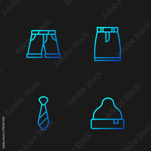 Set line Beanie hat, Tie, Short or pants and Skirt. Gradient color icons. Vector
