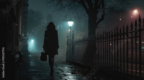 Girl walks away down dark alley alone  silhouette of woman at night