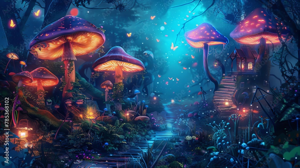 fantasy forest with giant mushrooms glowing fireflies and fairy houses digital art illustration