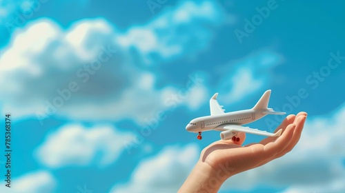 childs hand holding toy airplane against blue sky with clouds travel the world concept digital illustration photo