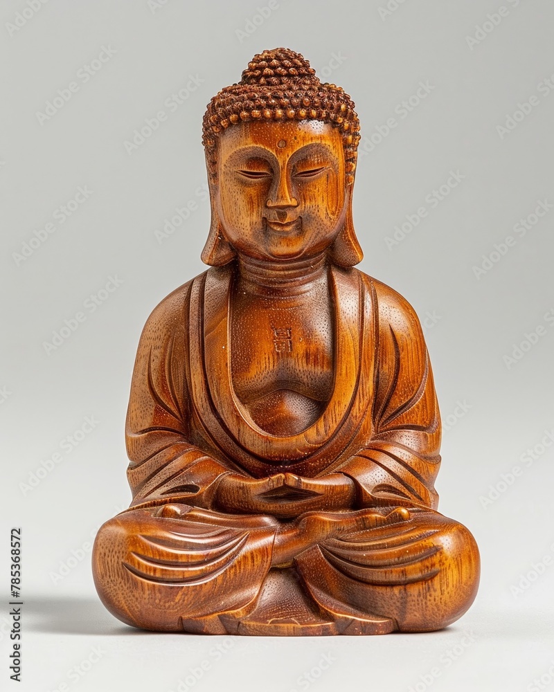 A small, polished wooden Buddha statue, serene, on a white background