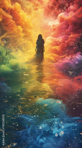 A woman is walking through a rainbow colored mist. The colors are vibrant and the mist is thick, creating a dreamy and ethereal atmosphere