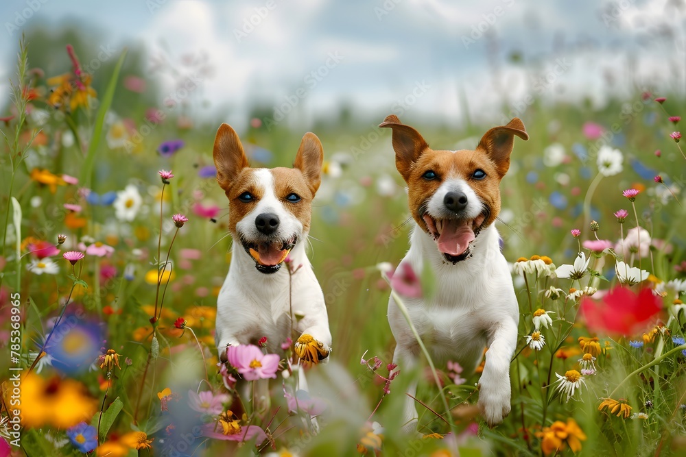jack russell terrier playing with flowers