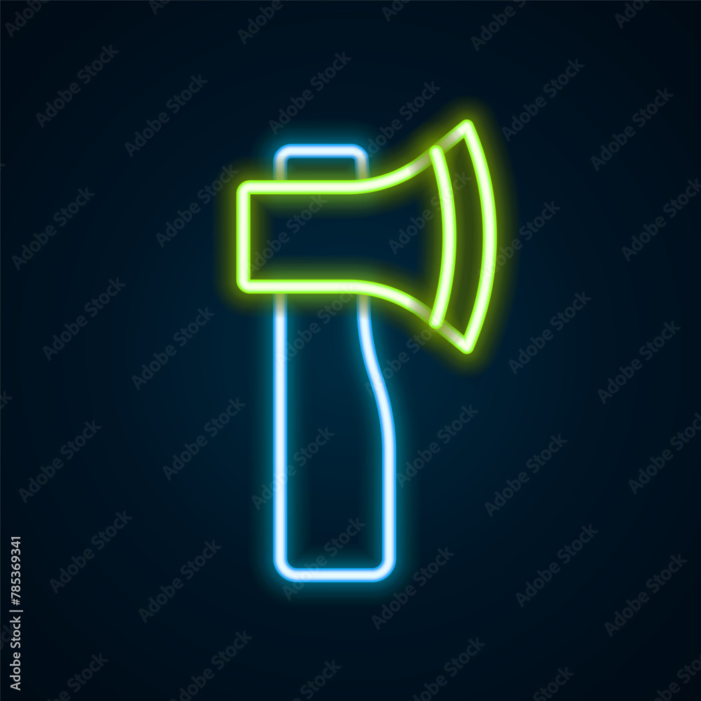 Glowing neon line Wooden axe icon isolated on black background. Lumberjack axe. Colorful outline concept. Vector Glowing neon line Wooden axe icon isolated on black background. Lumberjack axe. Colorful outline concept. Vector