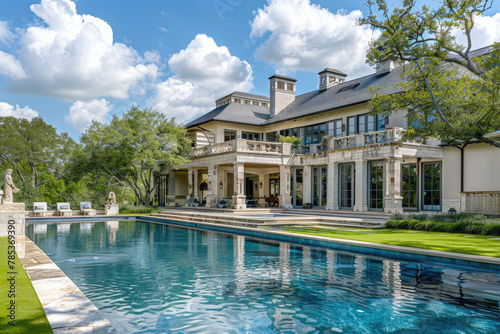 A large  beautiful pool in the backyard of an elegant Texas ranch home with green trees and blue sky.