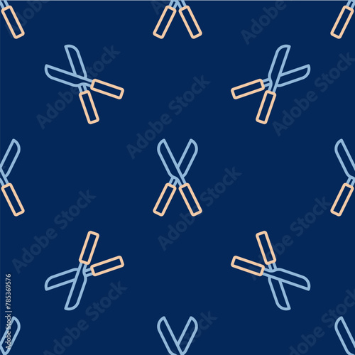 Line Gardening handmade scissors for trimming icon isolated seamless pattern on blue background. Pruning shears with wooden handles. Vector