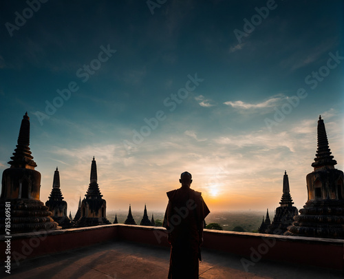 silhouette of monk in the sunset