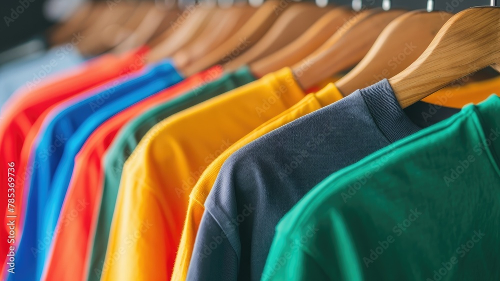 Fototapeta premium Close-up of assorted colorful garments hanging - Assorted colorful garments neatly hung on wooden hangers, demonstrating organization and fashion retail presentation