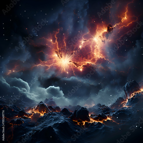Fiery explosion in the night sky. 3D illustration.