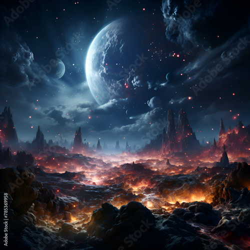 Fantasy landscape with planet and fire. 3D illustration.