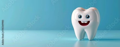 Realistic 3D Illustration of a Healthy Tooth Mascot with Copy Space, Emphasizing Dental Care and Hygiene Concept.