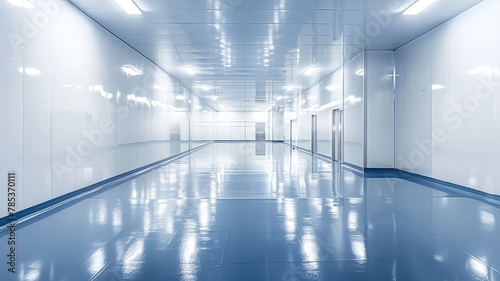 Pristine white corridor in modern building - The image displays a clean, white corridor with reflections on shiny floors in a contemporary architecture setting