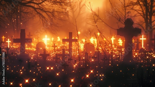 Eerie cemetery with glowing crosses at twilight - Twilight falls over a cemetery, with crosses emitting a mysterious, ethereal glow amongst the mist