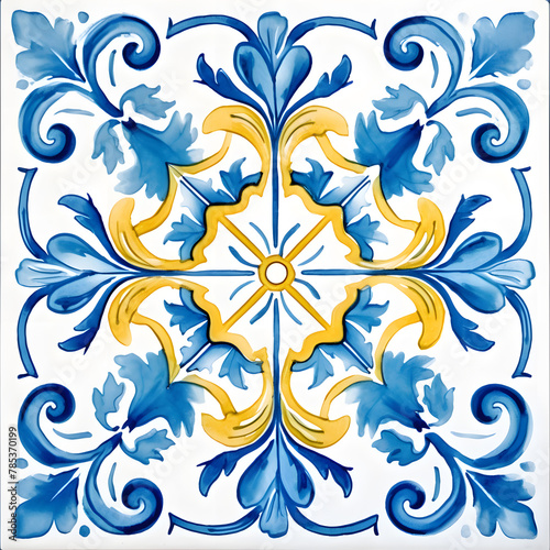 Pattern of azulejos tiles. Rustic blue and yellow tile watercolor seamless pattern. 