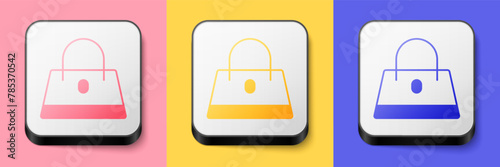 Isometric Handbag icon isolated on pink, yellow and blue background. Female handbag sign. Glamour casual baggage symbol. Square button. Vector