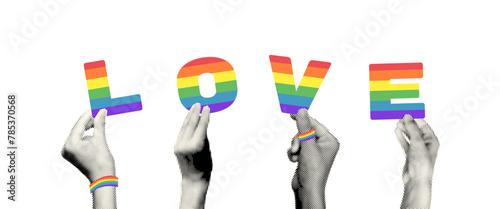 Halftone hands holding love letters in rainbow colors modern retro art collage. LGBTQ Pride month banner template with copy space for text