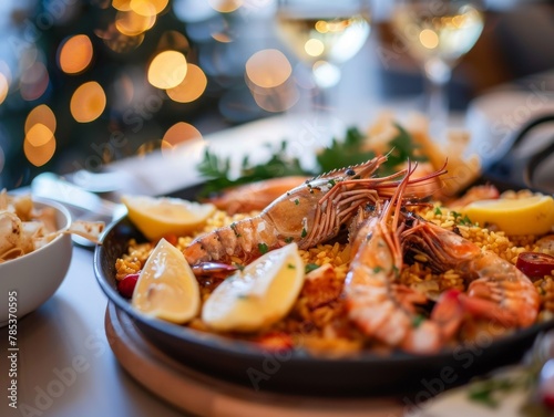 Seafood paella, prawn highlight, lemon wedges, festive Spanish atmosphere