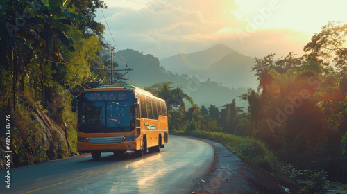 Sunlit Thai tworow bus on scenic route, pristine 4K HD, tranquil rural Thailand view, no noise