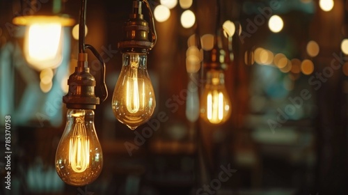 Vintage light bulbs hanging in an industrial interior background, with warm lighting and a blurred urban backdrop.