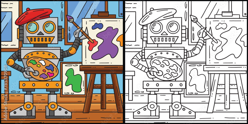 Robot Painter Coloring Page Colored Illustration
