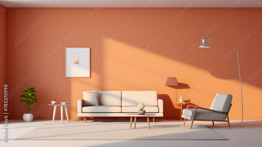 Living room with pink walls, in the style of light white and dark orange, minimalist concept 