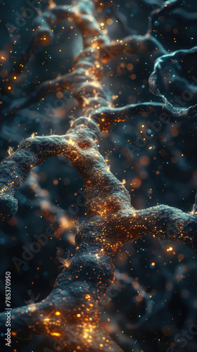 Twinkling neural pathway in deep blue ambiance - This image captures a neural pathway with twinkling lights, suggesting complex brain activities or data transfer in cyberspace photo