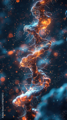Double helix DNA strand with glowing particles - A double helix DNA strand is depicted with sparkling particles, highlighting themes of genetics, life, and biological research