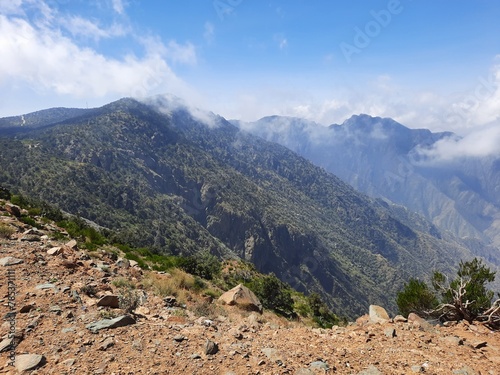 Mesmerizing natural beauty of Abha in Saudi Arabia in the summer season. High mountains, greenery, low clouds and fog are the beauty of Abha. photo