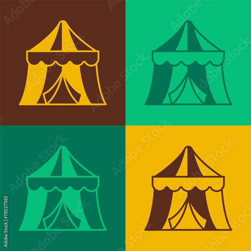 Pop art Circus tent icon isolated on color background. Carnival camping tent. Amusement park. Vector