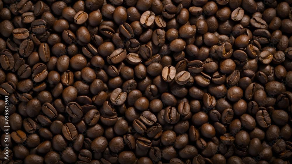 collection of coffee beans on a dark background, with a sharp close up of the coffee beans