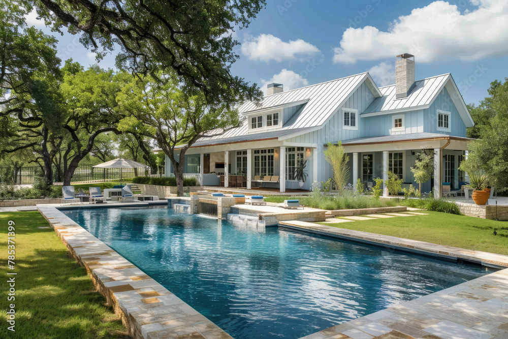 A large, beautiful pool in the backyard of an elegant Texas ranch home with green trees and blue sky.