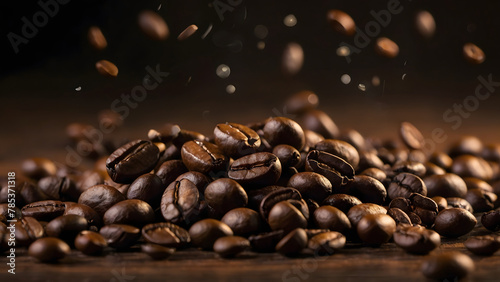 flying coffee beans on a warm brown background, with a sharp close up of the coffee beans