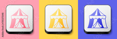 Isometric Circus tent icon isolated on pink, yellow and blue background. Carnival camping tent. Amusement park. Square button. Vector
