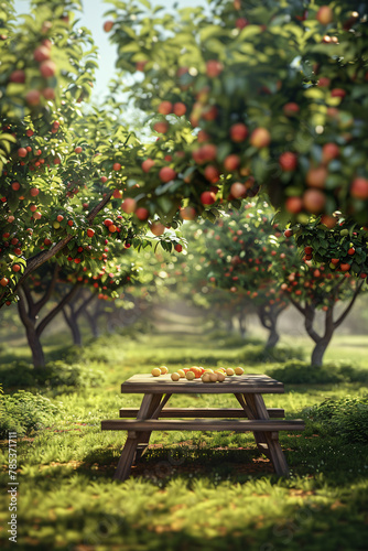 Tranquil Orchard: Fruit Trees and Picnic Table