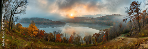 Autumnal Splendor at Ohio State Park - Morning Mist over Tranquil Lake and Lush Foliage