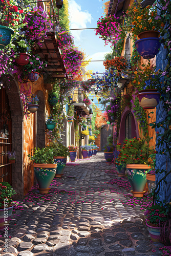 Quaint Cobblestone Alleyway: Colorful Flower Pots © Dustin