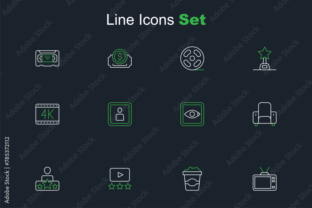 Set line Retro tv, Popcorn in cardboard box, Rating movie, Actor star, Cinema chair, Play Video and 4k icon. Vector Set line Retro tv, Popcorn in cardboard box, Rating movie, Actor star, Cinema chair, Play Video and 4k icon. Vector