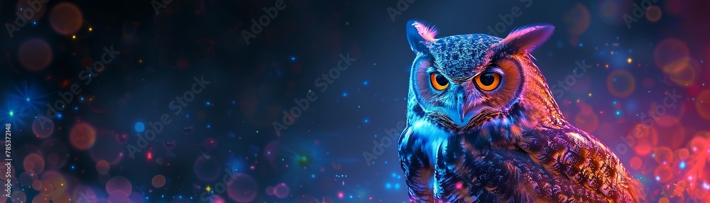 Neon glowing owl, vibrant phantasmal colors, casting an iridescent aura in the dark night Neon glowing owl, vibrant phantasmal colors, casting an iridescent aura in the dark night