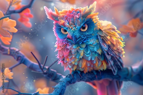 Surreal owl with vibrant neon and iridescent feathers, perched in a phantasmal, otherworldly environment © Thanadol