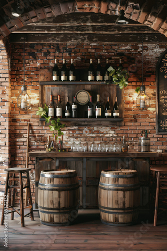 Rustic Wine Bar: Exposed Brick Walls and Wooden Barrels © Dustin