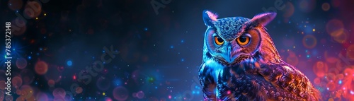 Neon glowing owl, vibrant phantasmal colors, casting an iridescent aura in the dark night