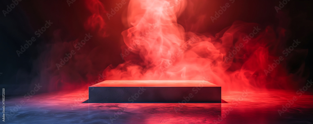 Product platform Dark red floor podium empty room table scene to place display in a studio smoky dust. Product platform Dark red floor podium empty room table scene to place display in a studio smoky dust.